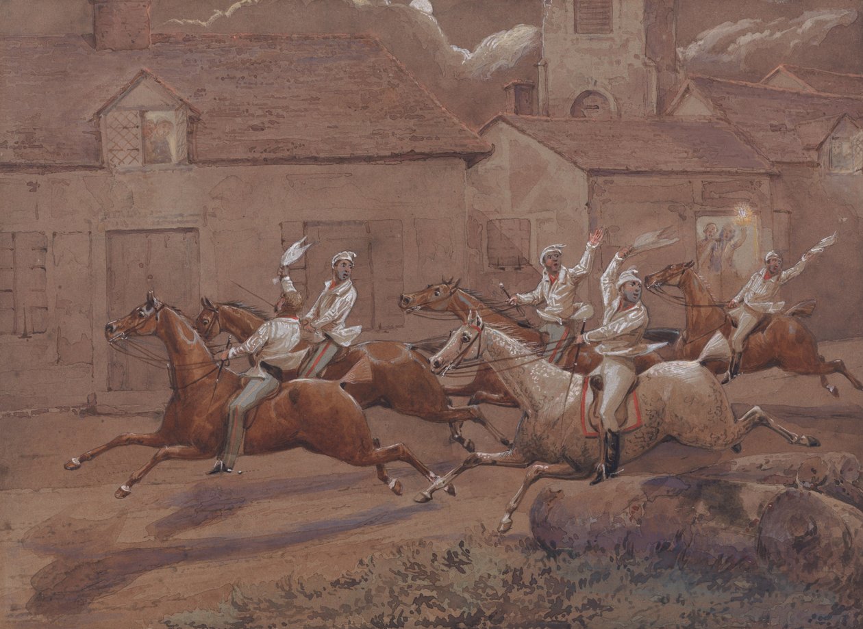 Nactons nattryttere: Målgang. Nacton kirke og landsby av Henry Thomas Alken