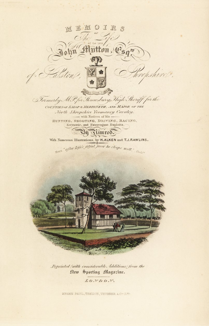 Tittelside med kalligrafisk tittel og vignett av engelsk Tudor av Henry Thomas Alken