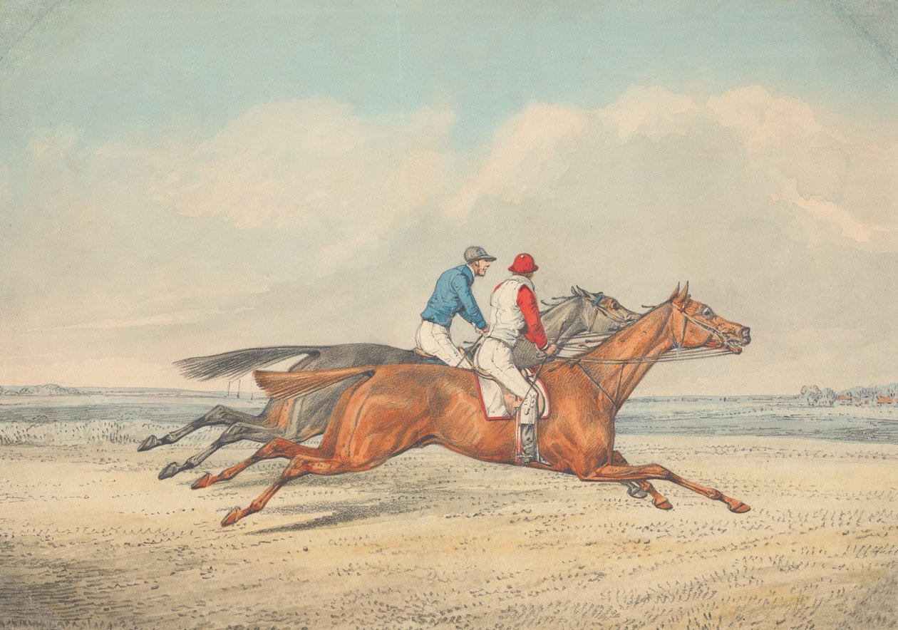 To jockeyer galopperer side om side mot høyre av Henry Thomas Alken