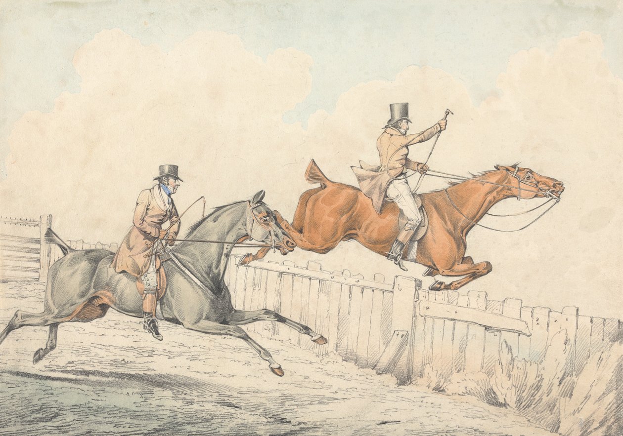 To ryttere som hopper over et tregjerde av Henry Thomas Alken