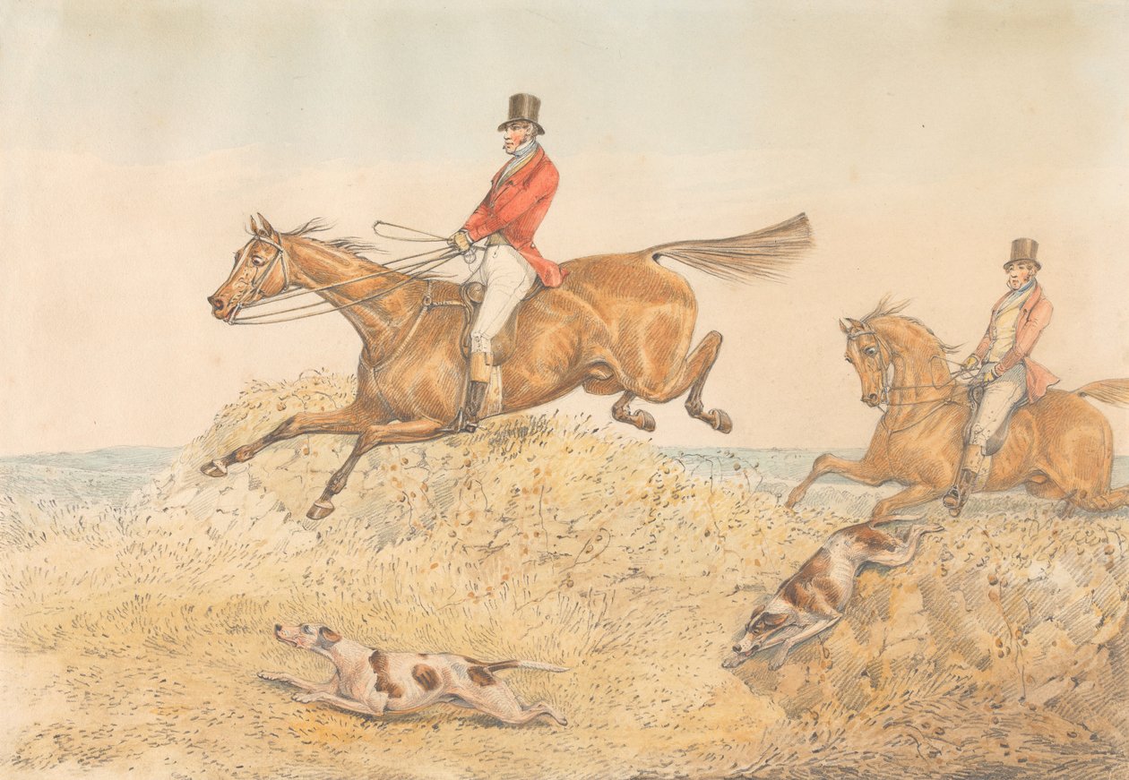 To ryttere og et par jakthunder som hopper over en mur av Henry Thomas Alken