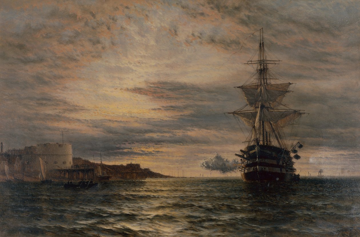 Morgenhilsen fra HMS St Vincent utenfor Portsmouth (olje) av Henry Thomas Dawson