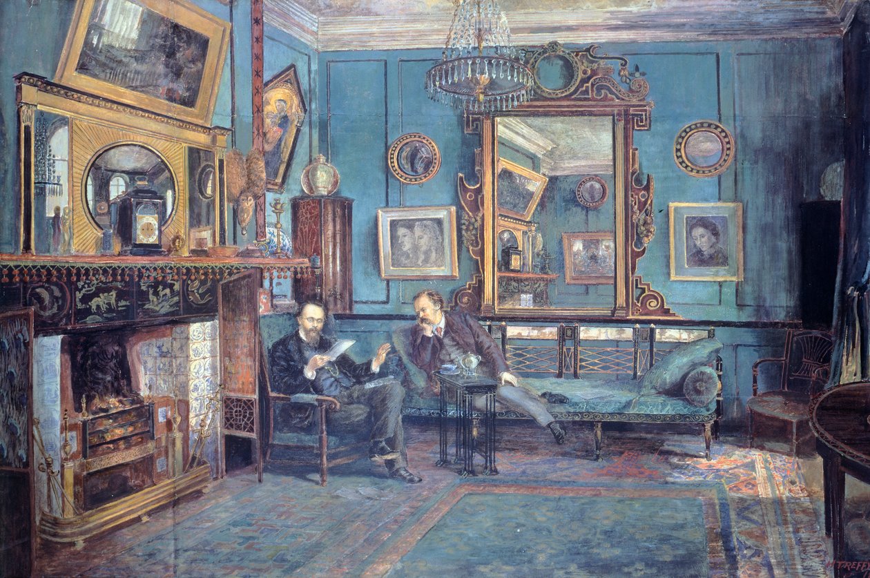 Dante Gabriel Rossetti leser dikt til Theodore Watts-Dunton i stua av Henry Treffry Dunn (1838-1899) av Henry Treffry Dunn
