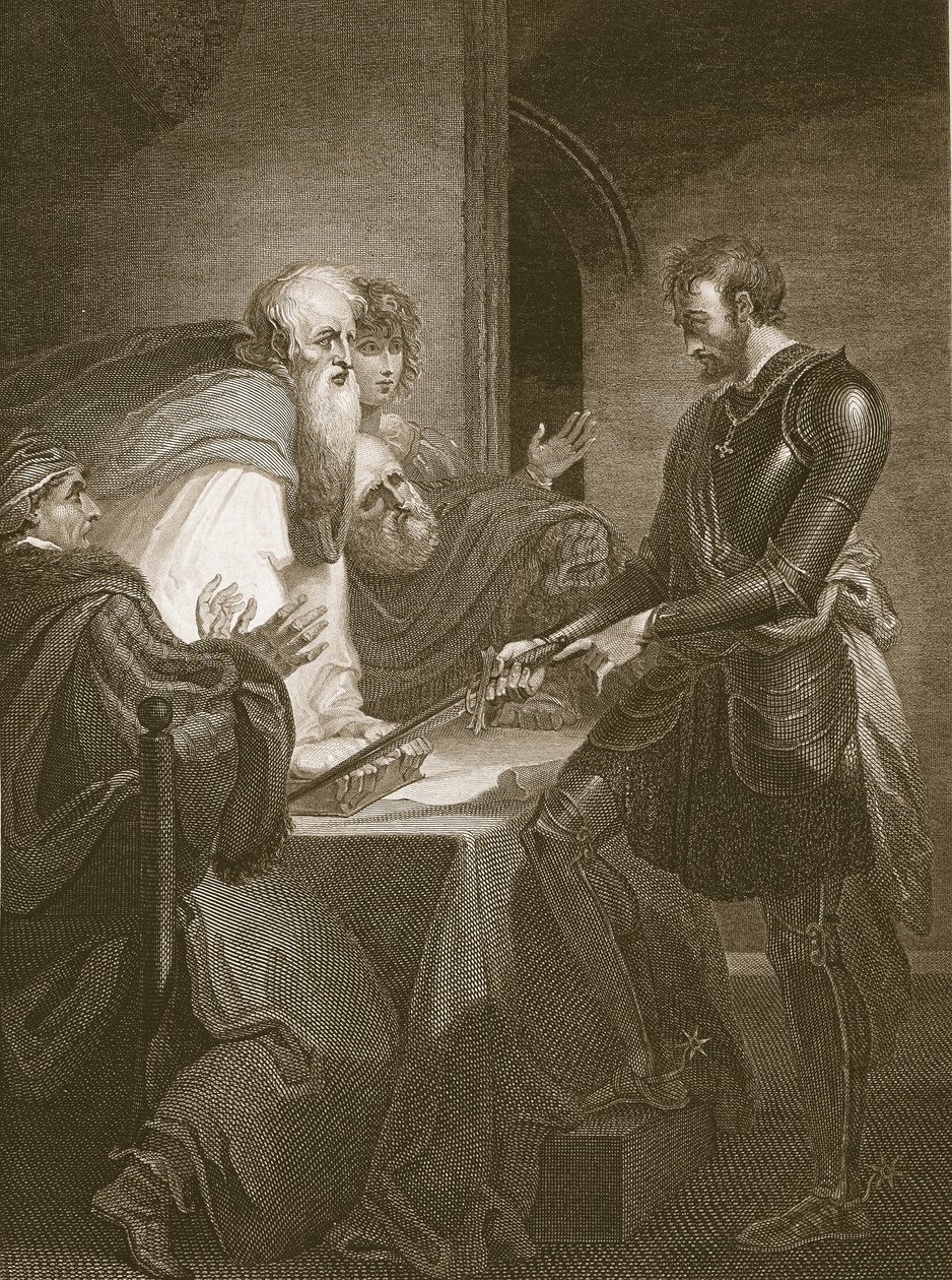 Earl Warenne rettferdiggjør titlene til eiendommene sine, gravert av J. Fittler, illustrasjon fra David Humes 