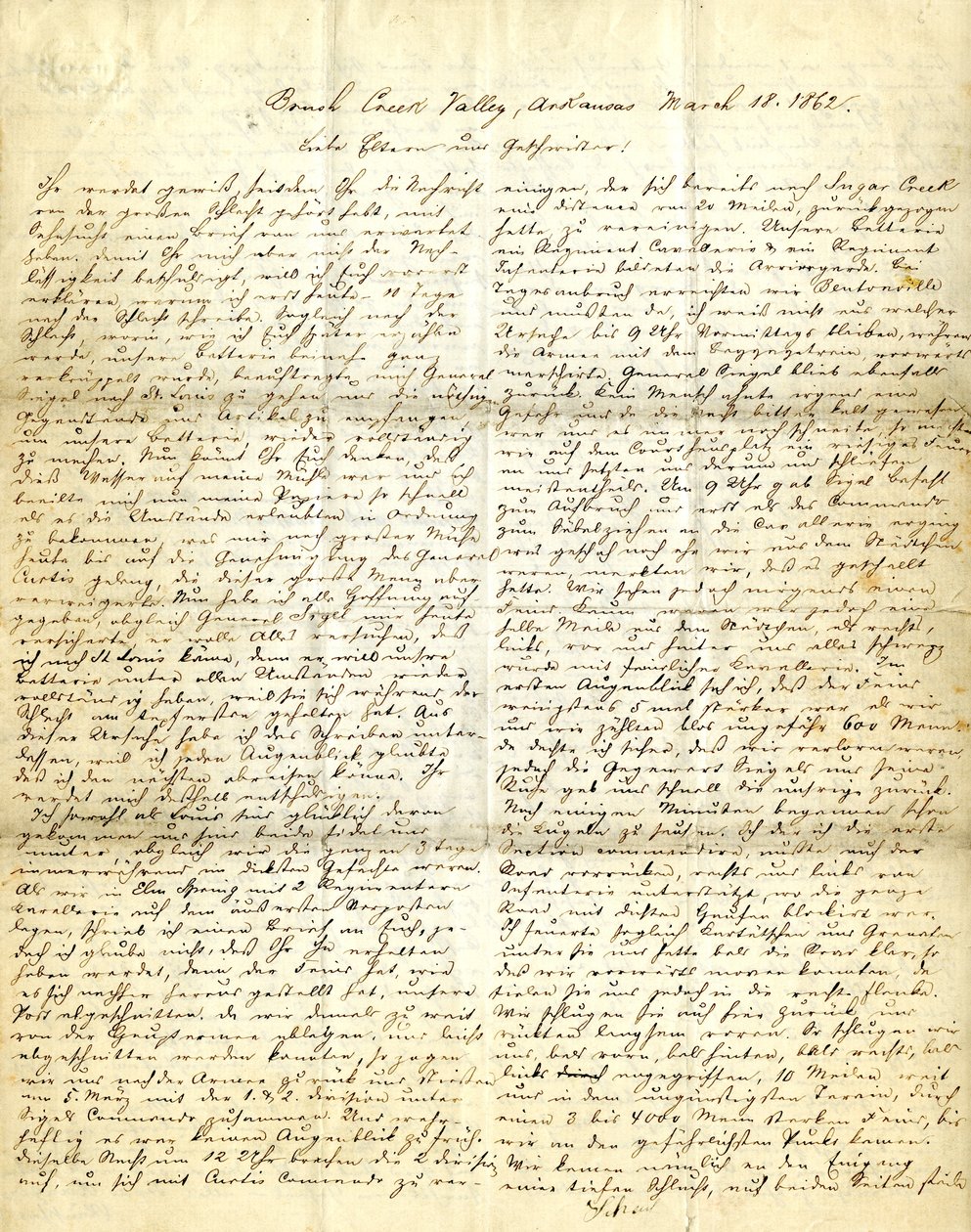 Brev signert Henry [Henry Voelkner], Brush Creek Valley, Arkansas, til foreldrene, brødrene og søstrene, 18. mars 1862 av Henry Voelkner