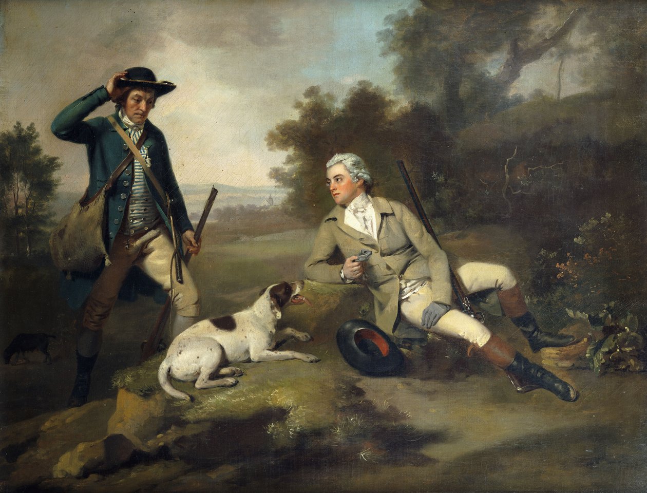 En herre som lener seg tilbake med en pistol og en hund og hans viltvokter som står i nærheten, av Henry Walton