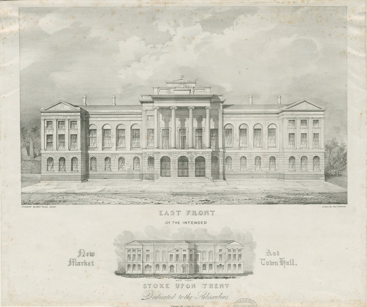 Stoke-upon-Trent - Tiltenkt nytt marked og rådhus: litografi, nd [c 1834] av Henry Ward