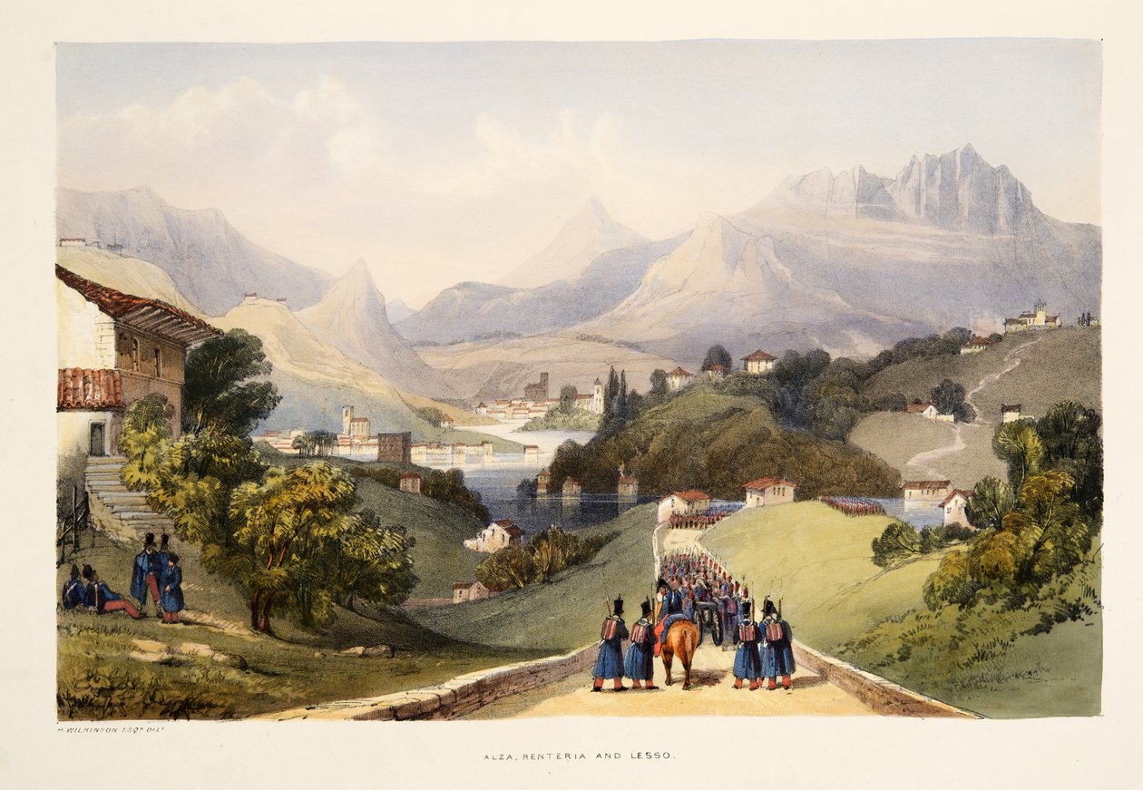 Alza, Renteria og Lezo, fra Skisser av natur i de baskiske provinsene i Spania, med et utvalg nasjonalmusikk …, pub. 1838 (håndfarget gravering) av Henry Wilkinson
