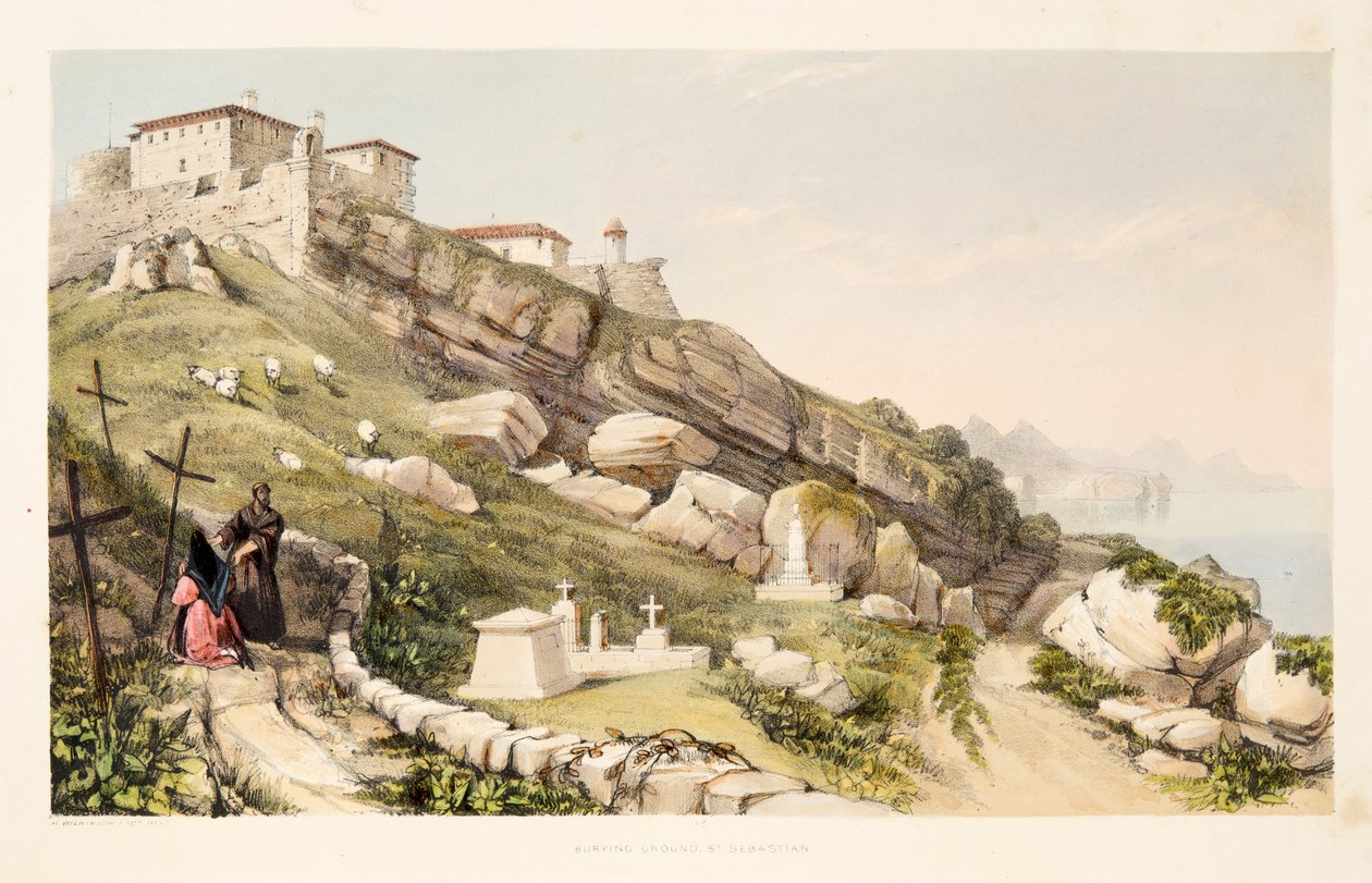 Burial Place of British Officers on the Castle Hill of San Sebastian, fra Skisser av natur i de baskiske provinsene i Spania, med et utvalg av nasjonal musikk ?, pub. 1838 (håndfarget gravering av Henry Wilkinson
