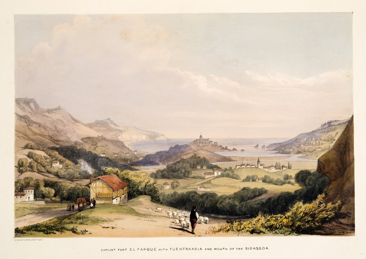Carlist Fort, El Parque, med Fontarabia og Mouth of the Bidassoa, fra Skisser av natur i de baskiske provinsene i Spania, med et utvalg av nasjonal musikk ?, pub. 1838 (håndfarget gravering) av Henry Wilkinson