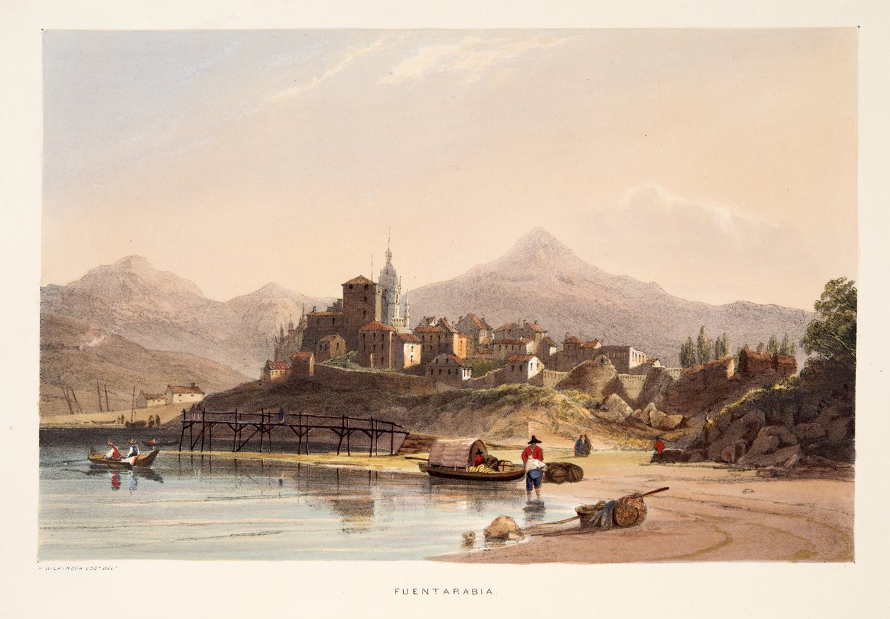 Fontarabia, fra Sketches of scenery i de baskiske provinsene i Spania, med et utvalg nasjonal musikk …, pub. 1838 (håndfarget gravering) av Henry Wilkinson