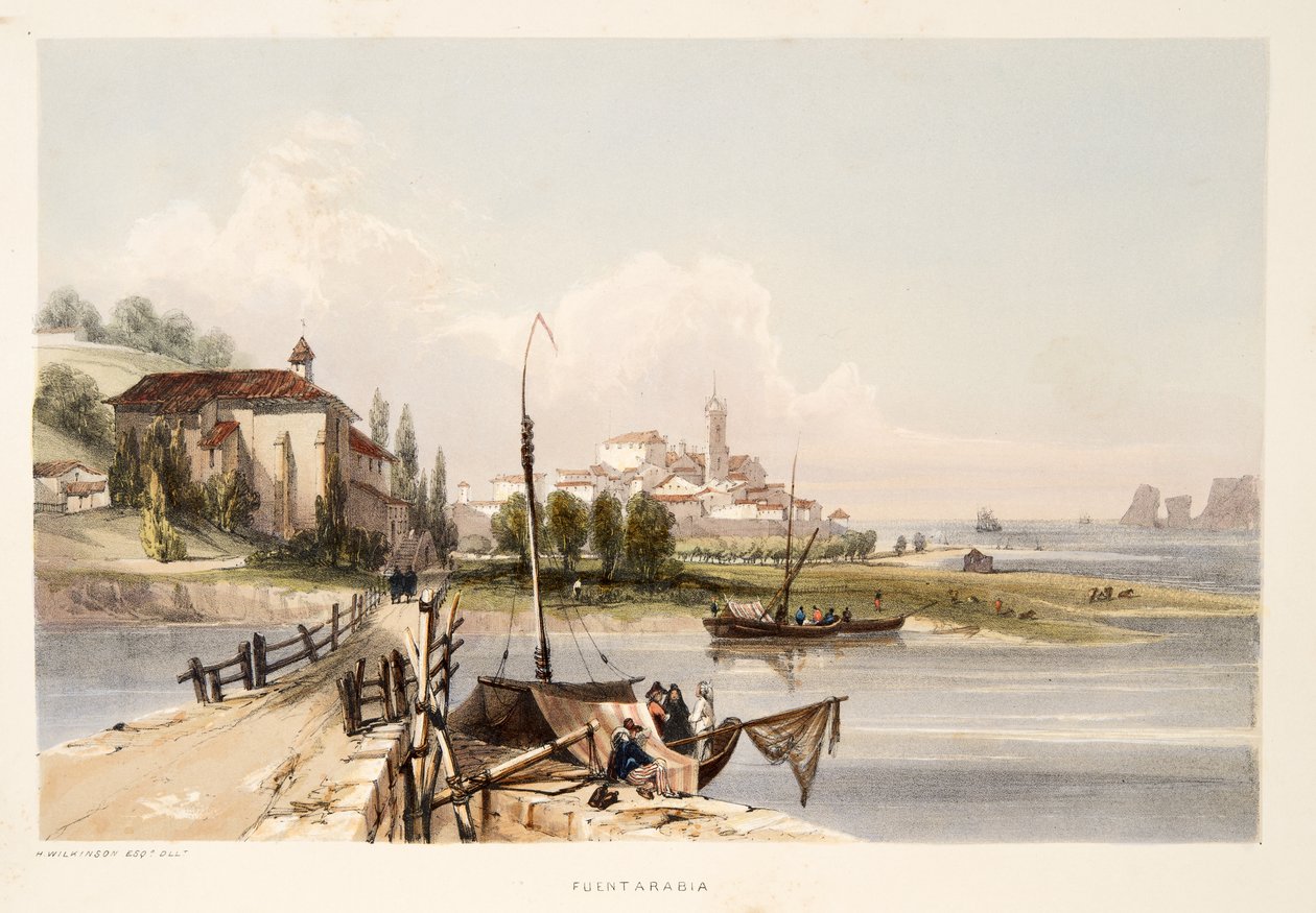 Fontarabia, med klosteret og broen til Capauchinos, fra Skisser av natur i de baskiske provinsene i Spania, med et utvalg av nasjonal musikk ?, pub. 1838 (håndfarget gravering) av Henry Wilkinson