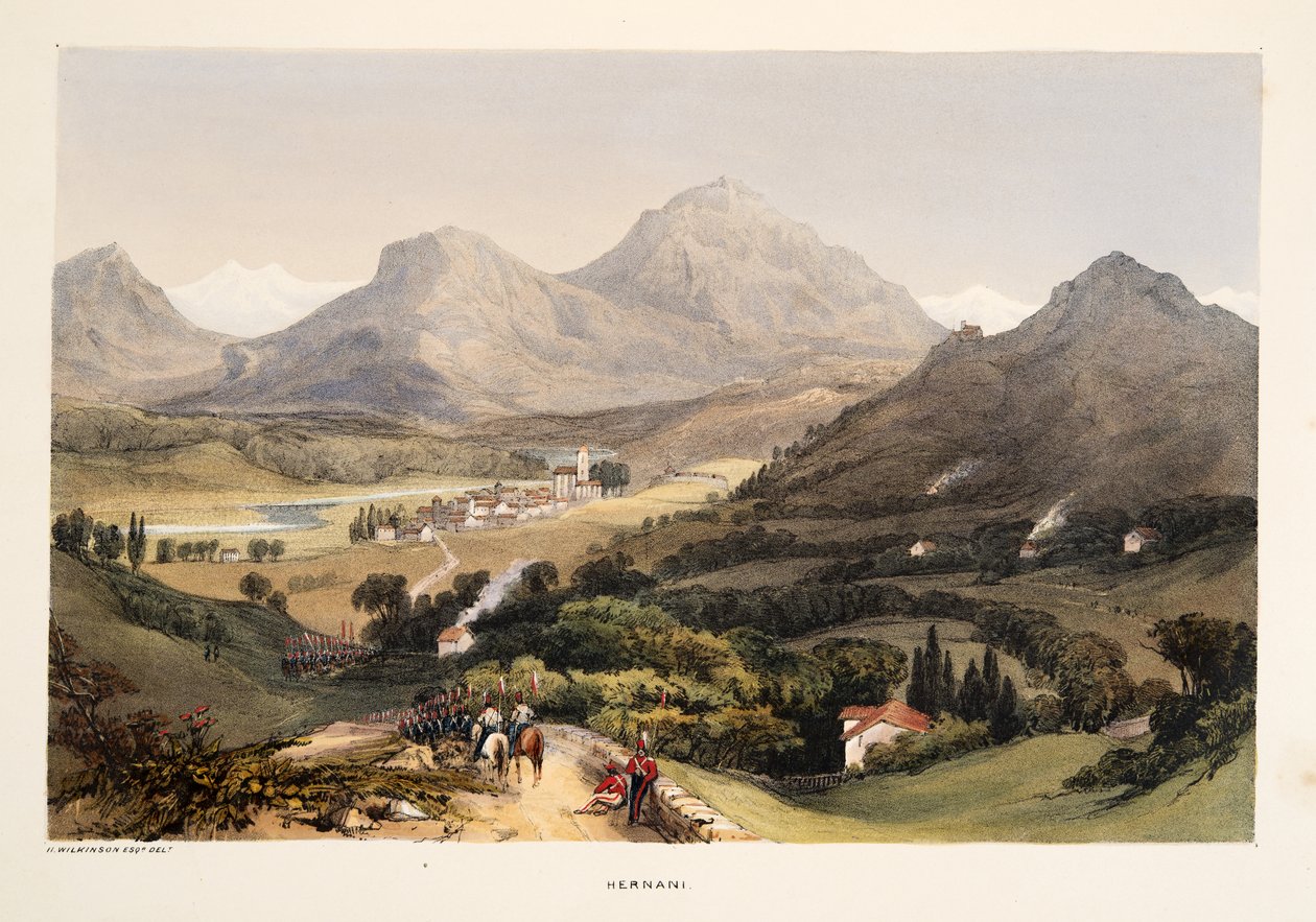 Hernani, fra Sketches of scenery i de baskiske provinsene i Spania, med et utvalg nasjonal musikk …, pub. 1838 (håndfarget gravering) av Henry Wilkinson