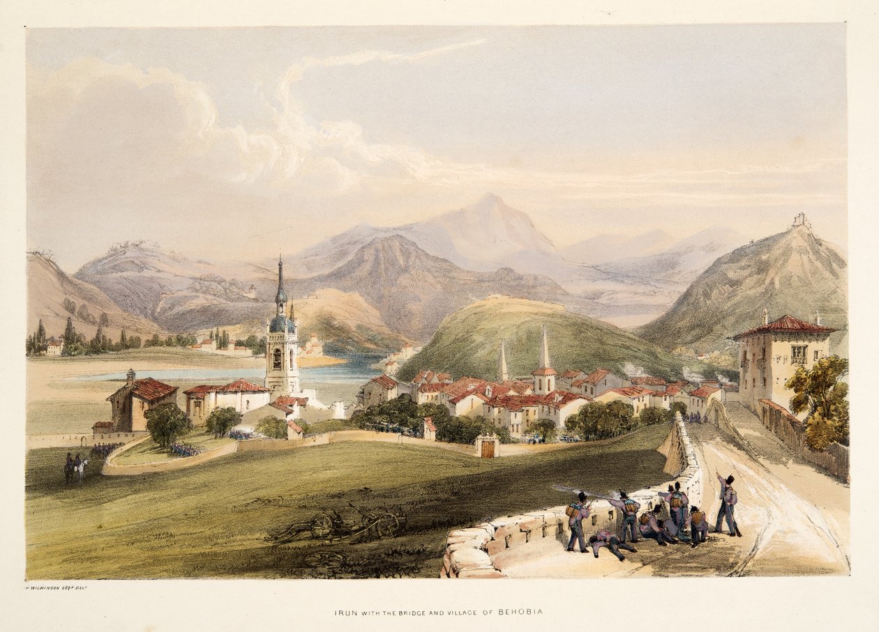 Irun, med San Martial-fjellet og Capauchinos-broen, fra Skisser av natur i de baskiske provinsene i Spania, med et utvalg nasjonalmusikk ?, pub. 1838 (håndfarget gravering) av Henry Wilkinson