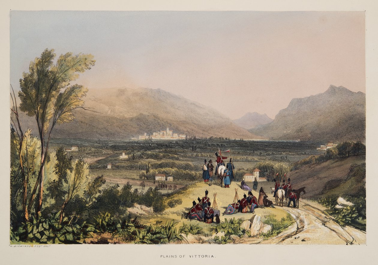 Plains and City of Vitoria, fra Skisser av natur i de baskiske provinsene i Spania, med et utvalg av nasjonal musikk ?, pub. 1838 (håndfarget gravering) av Henry Wilkinson