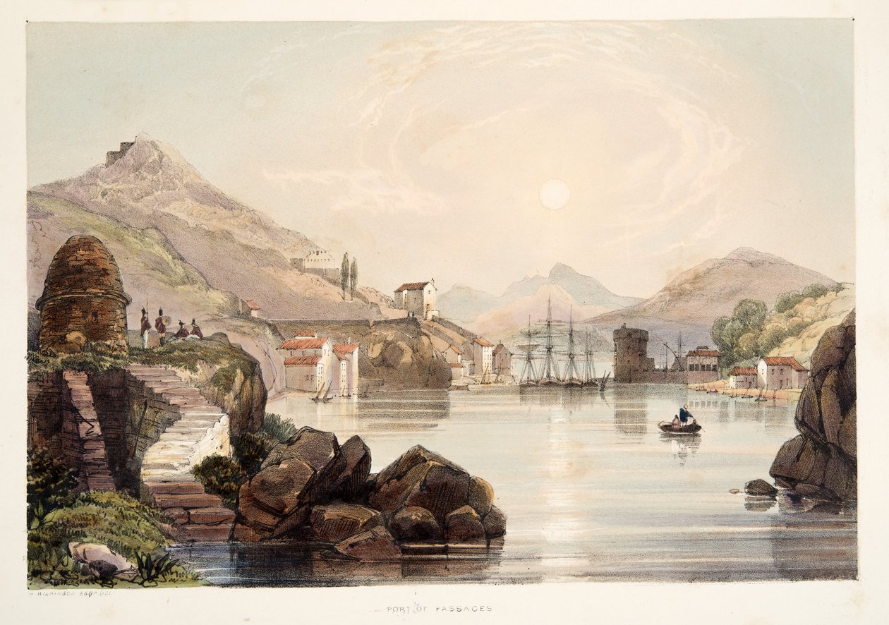 Port of Passages, fra Skisser av natur i de baskiske provinsene i Spania, med et utvalg av nasjonal musikk ?, pub. 1838 (håndfarget gravering) av Henry Wilkinson