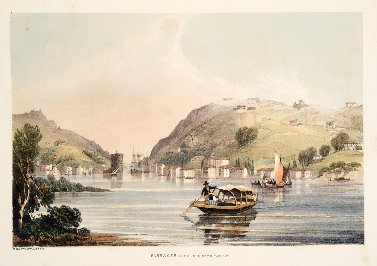 Posisjon av Lord John Hay, ved Passages, fra Skisser av natur i de baskiske provinsene i Spania, med et utvalg av nasjonal musikk ?, pub. 1838 (håndfarget gravering) av Henry Wilkinson