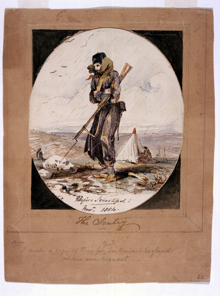 The Sentry, before Sebastopol, 1854 (penn og blekk med wc på papir) av Henry Wilkinson