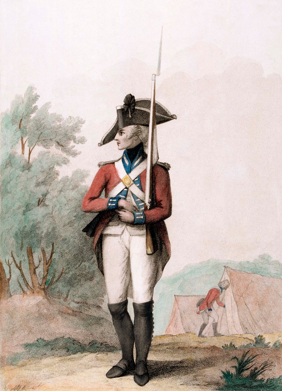 Fotsoldat, ca. 1791 (stippgravering) av Henry William (after) Bunbury
