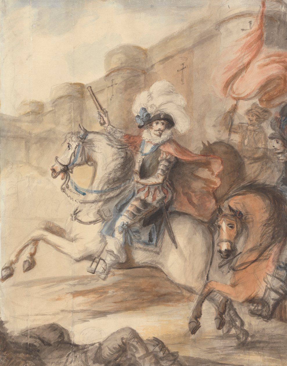 En kavalerioffiser (Henry IV) som leder et anfall utenfor et slott av Henry William Bunbury