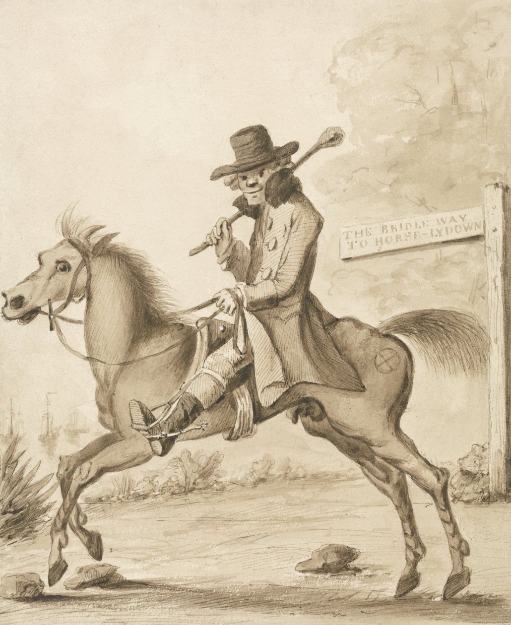En illustrasjon av H. Bunbury, An Academy for Grown Horsemen: A Bit of Blood (penn og blekk med vask på papir) av Henry William Bunbury