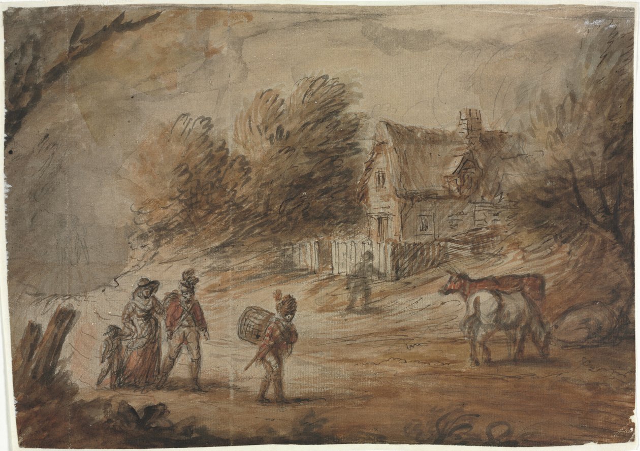 Landsscene med soldater. av Henry William Bunbury