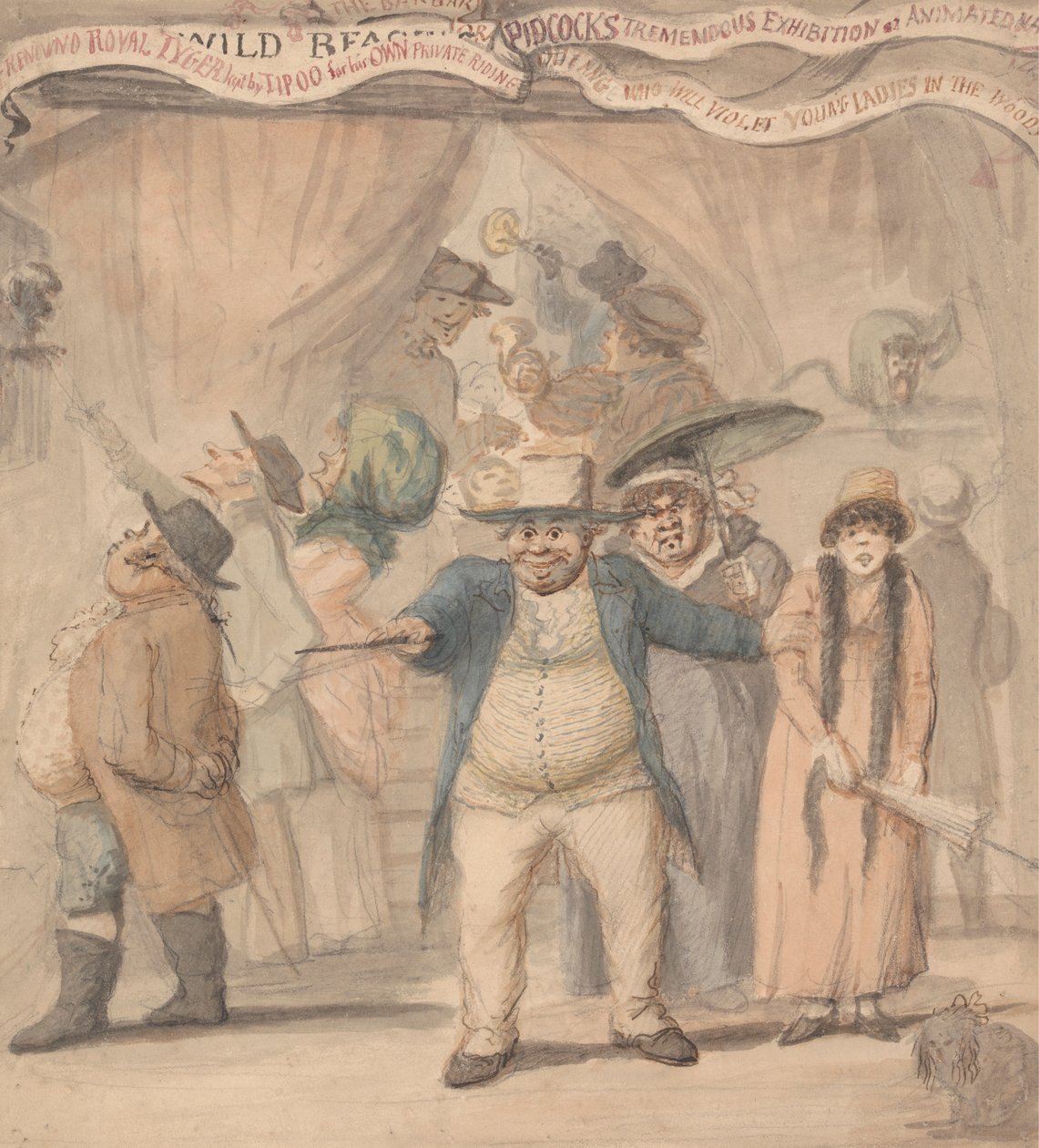 Inngang til Pidcocks utstillingstelt på en messe av Henry William Bunbury
