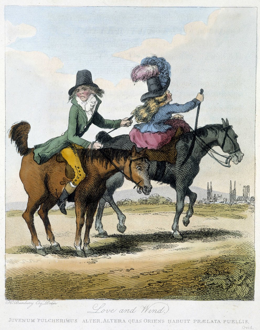 Kjærlighet og vind - i “” Caricatures anglaise sur les manners de riding a horse”, ill. av HW Bunbury, red. John Stockdale av Henry William Bunbury