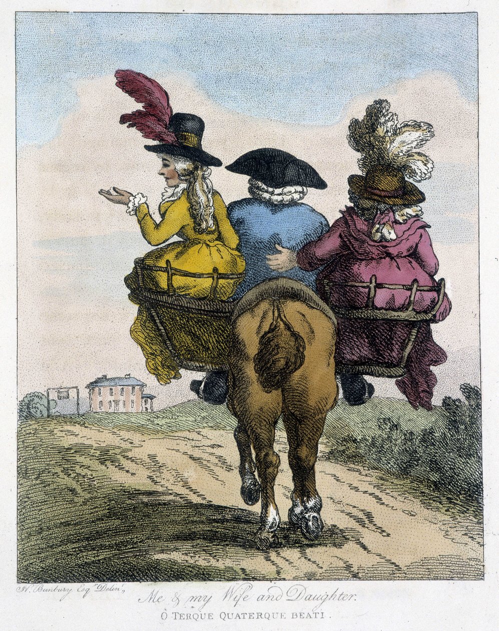 Meg med min kone og min datter - i "" engelske karikaturer om manerer å ri på en hest", ill. av H.W. Bunbury, red. John Stockdale av Henry William Bunbury