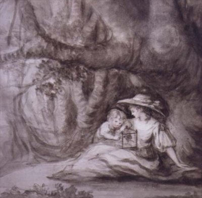 Sittende kvinne og barn med en fugl i bur, (tegning) av Henry William Bunbury