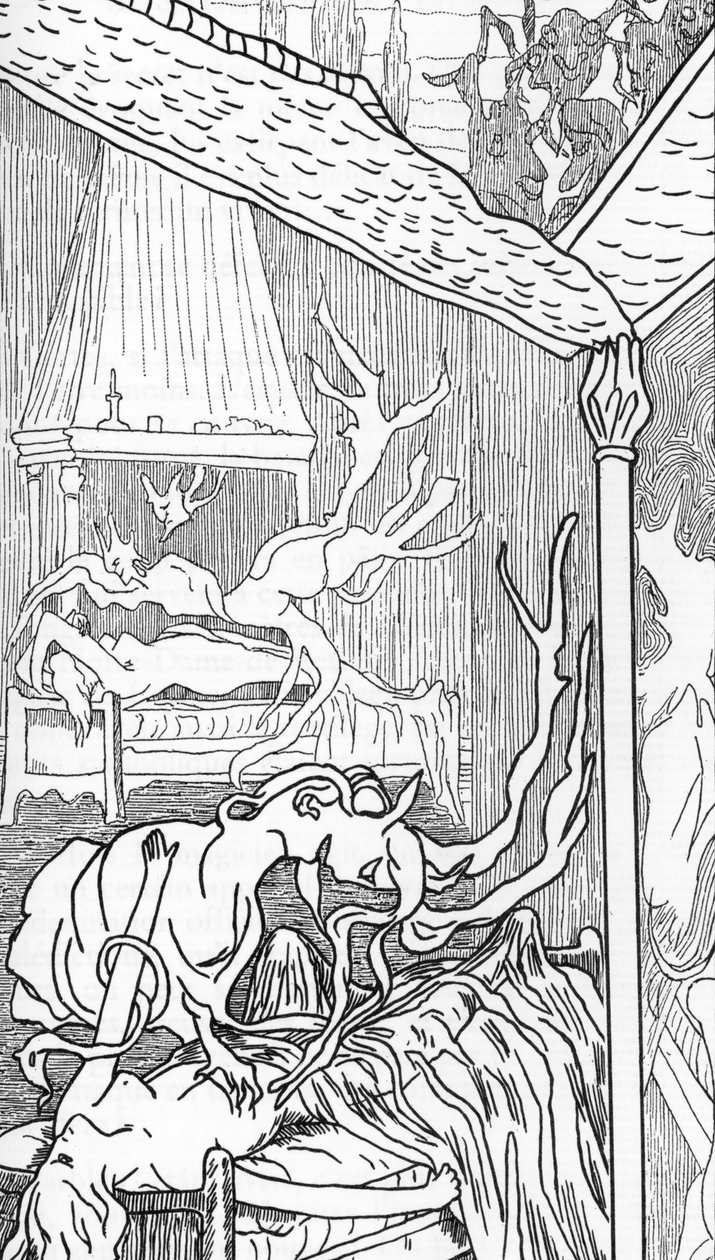 Inkuber (engler dechus av begjær, blir demoner og søker å nyte kvinner når de drømmer eller er søvnige) og succubes (feminine demoner som nyter menn under søvnen) (incubus og succubus) Tegning av Henry de Malvost fra "Satanism and Magic" av Jules Bois 1895 av Henry de Malvost