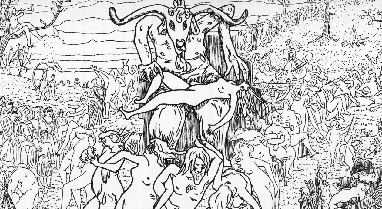 Representasjon av en sabbatsscene satt sammen av hekser som ledes av satan som gir opphav til orgier (sabbatssamling) Tegning av Henry de Malvost fra "Satanism and magic"" av Jules Bois 1895 Privat samling Â av Henry de Malvost