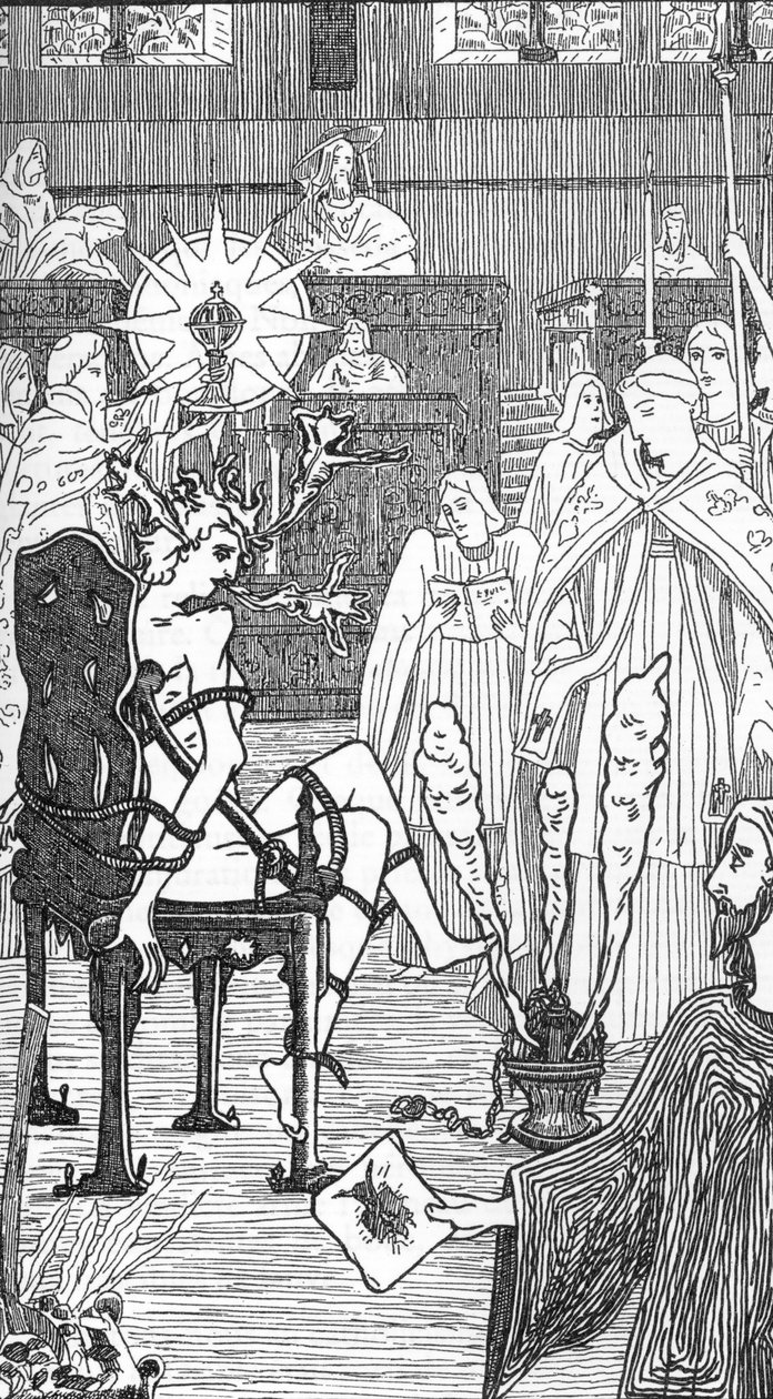 Representasjon av en eksorcismeseremoni Tegning av Henry de Malvost fra "Satanism and Magic" av Jules Bois 1895 Privat samling av Henry de Malvost