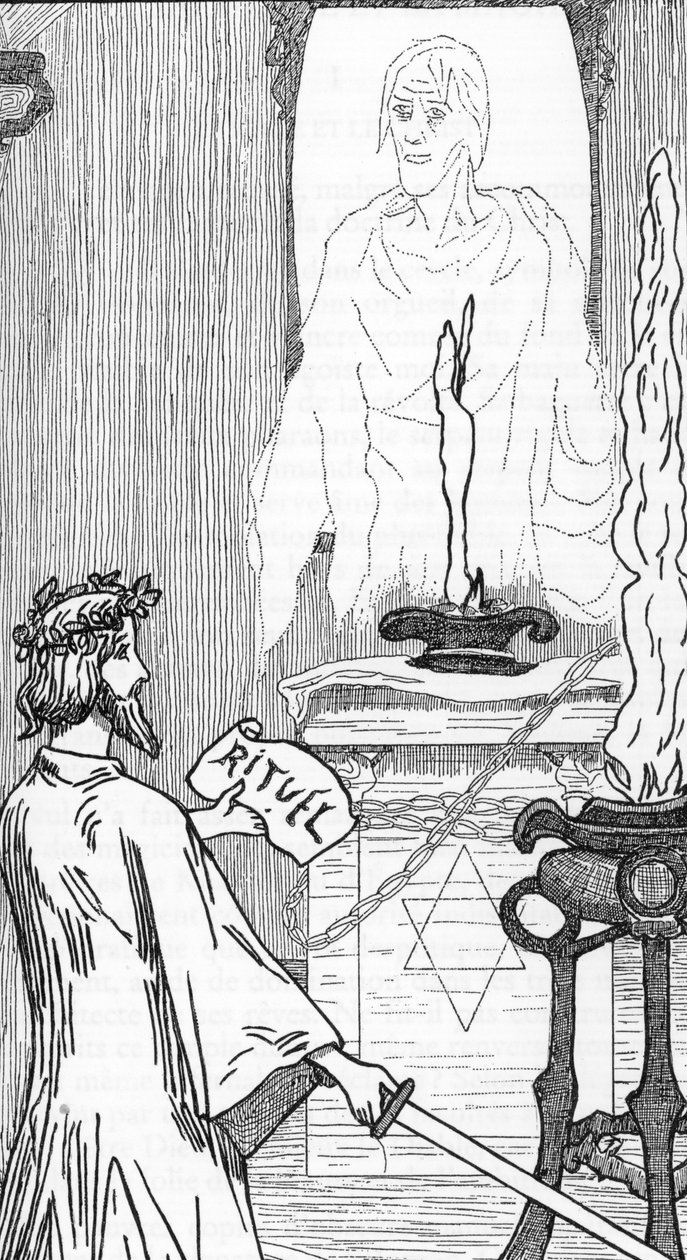 Spiritism: Fremkalling av ånder Tegning av Henry de Malvost fra "Satanism and Magic" av Jules Bois 1895 privatsamling av Henry de Malvost