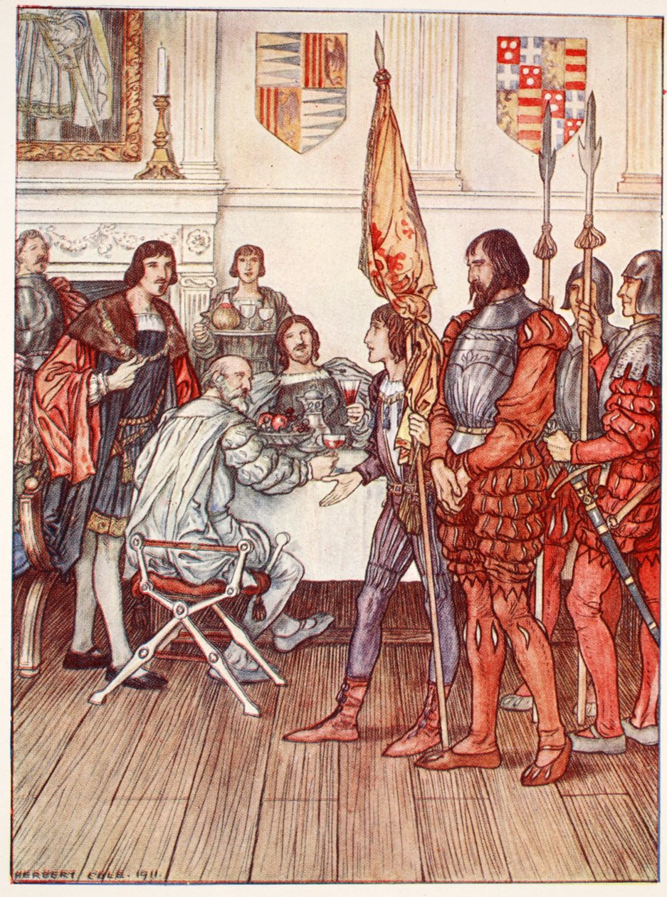 The Page presenterer fangen hans, illustrasjon fra 'Bayard: The Good Knight Without Fear and Without Reproach' av Christopher Hare, pub. 1911 av Herbert Cole