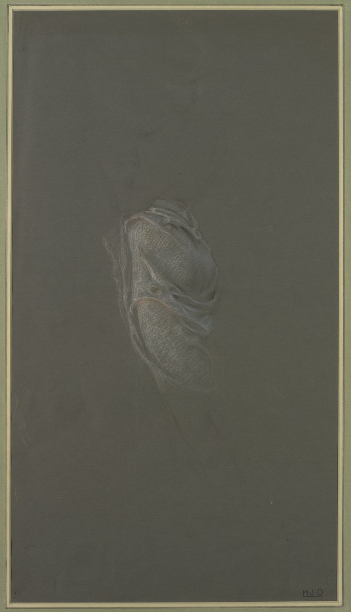 Draperistudie for 'Day and the Dawnstar' (rosa, blå, svart og hvit kritt på grått papir) av Herbert James Draper