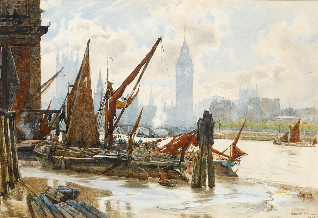 Westminster fra South Bank, 1885 (wc på papir) av Herbert Menzies Marshall