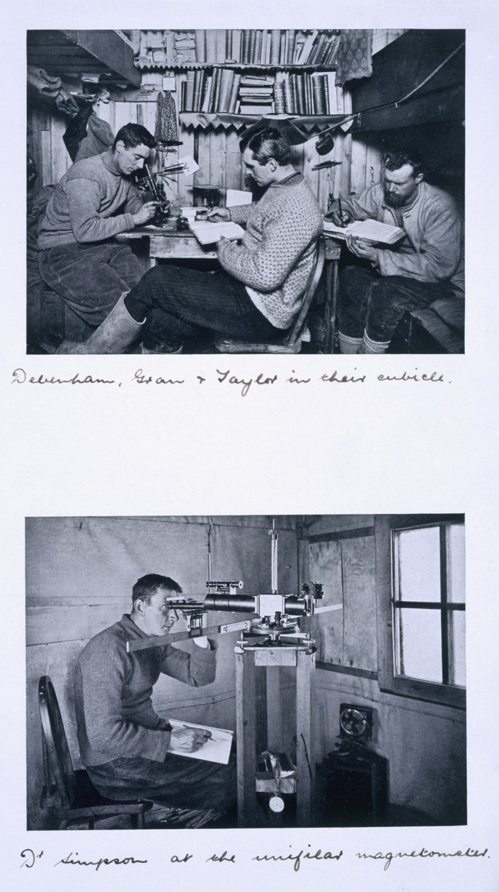 Øverst: Debenham, Gran og Taylor i avlukket deres. Nederst: Dr Simpson ved det unifilar magnetometeret. Scotts siste ekspedisjon, vinterreise, 27. juni - 1. august 1911 av Herbert Ponting