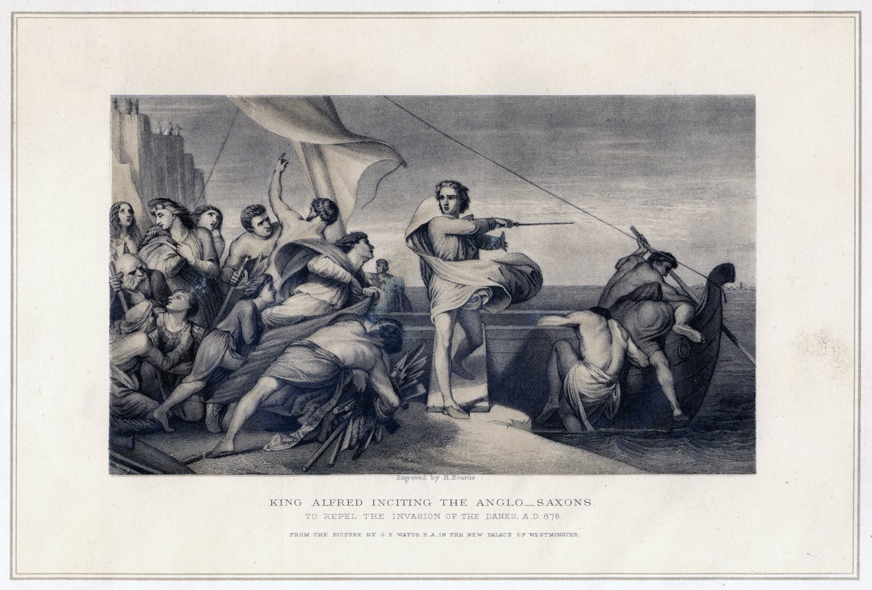 Kong Alfred oppfordrer angelsakserne til å avvise invasjonen av danskene, 896, c1847 av Herbert Bourne