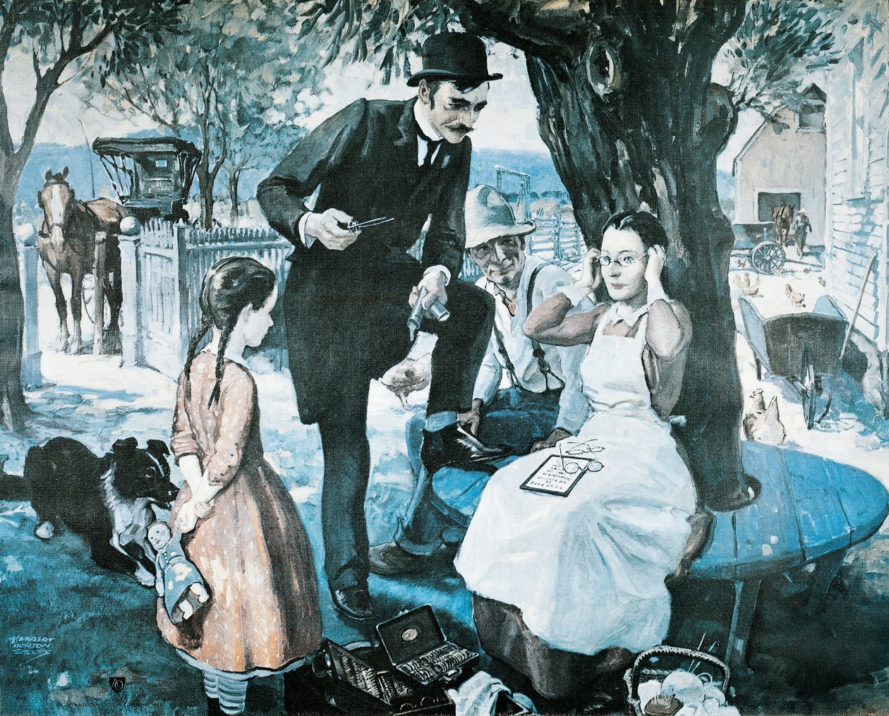 The spectacle seller in the late 1800s, advertising for the American Optical Company   1414857   no       norwegian Successfully Translated  Original: Claire de Lune. A beautiful woman plaing a mandolin. A Faun sitting beside her. A harlequin. All in a lan av Herbert Morton Stoops