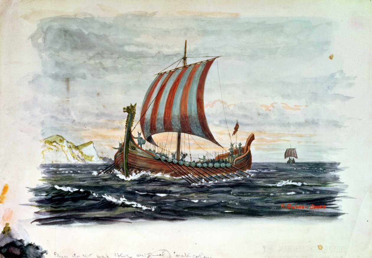 Vikingskip (akvarell) av Herbert Oakes Jones