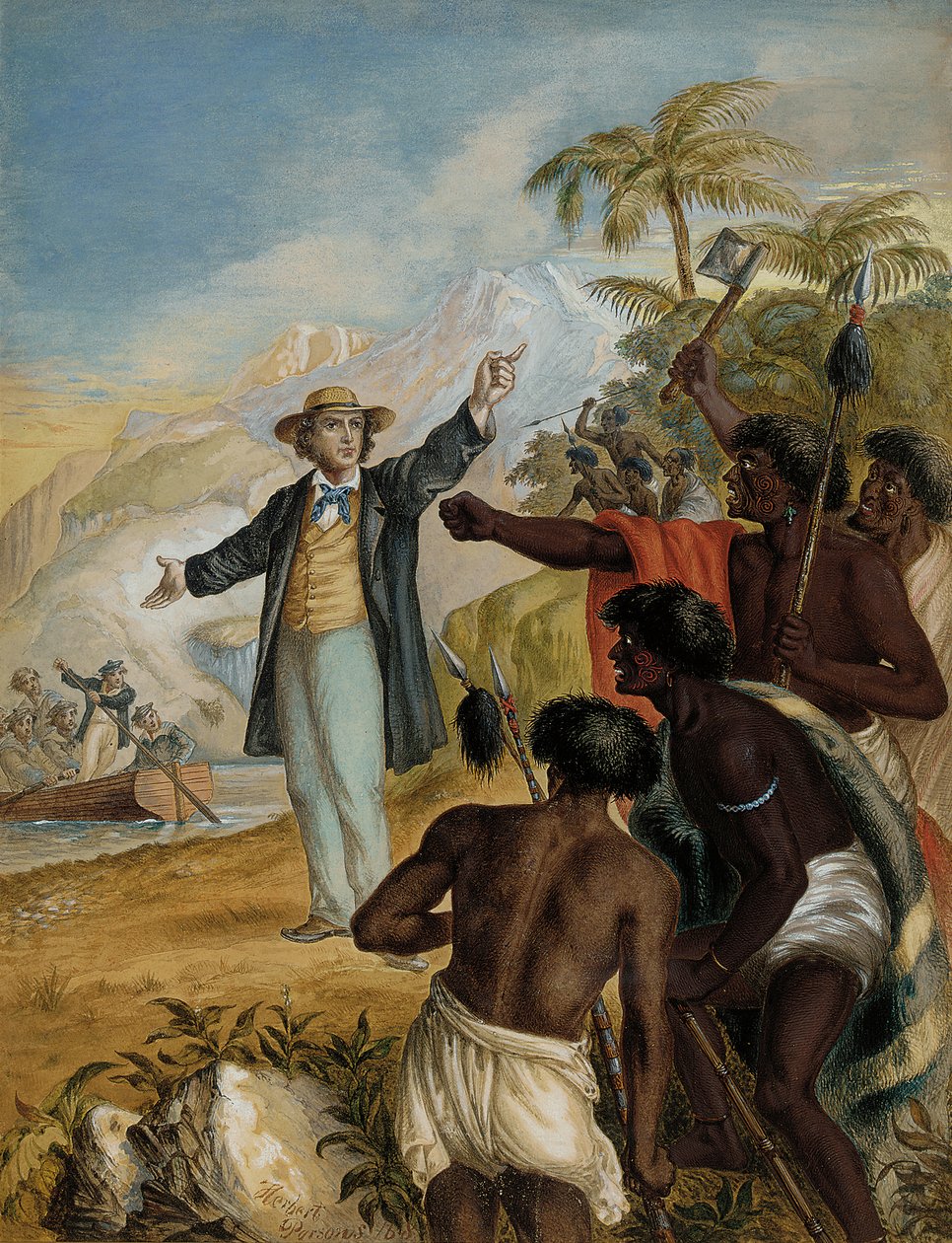 En skotsk misjonær som kom i land konfrontert med stridende maorier, 1868 av Herbert Parsons