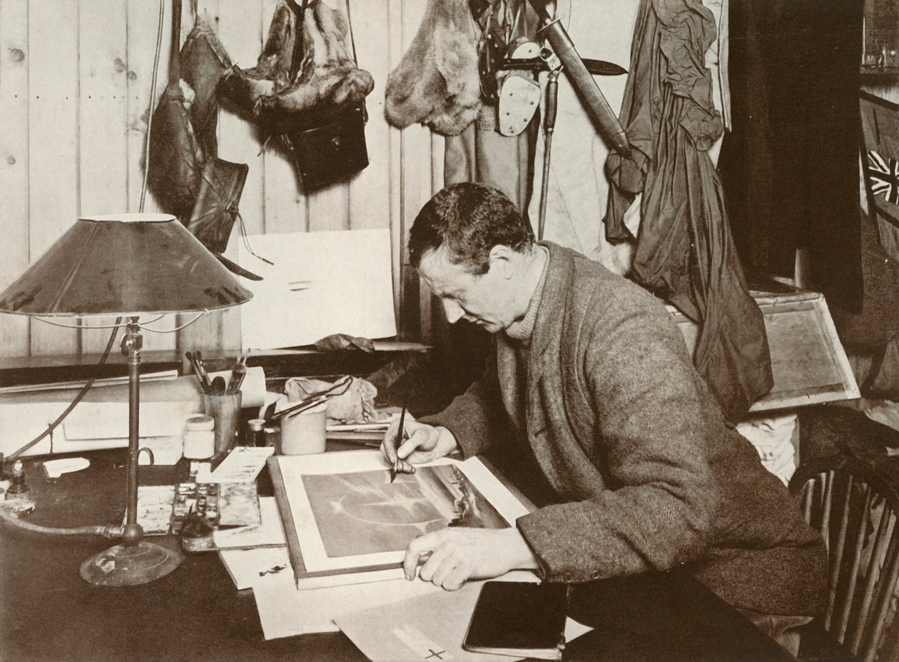 Dr. Wilson arbeider opp skissen som er gitt på s. 258, 1911, 1913 av Herbert Ponting