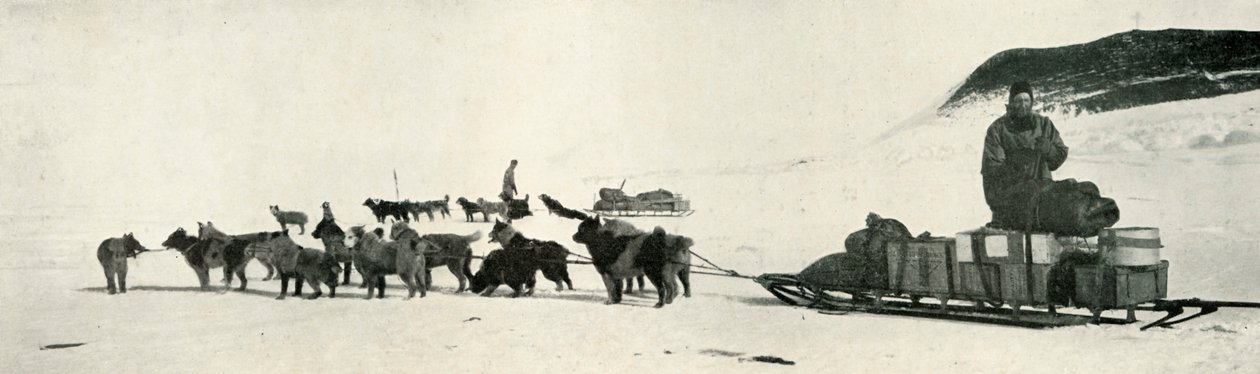 Meares og Demetri med hundeteamene deres forlater Hut Point, c1911, 1913 av Herbert Ponting