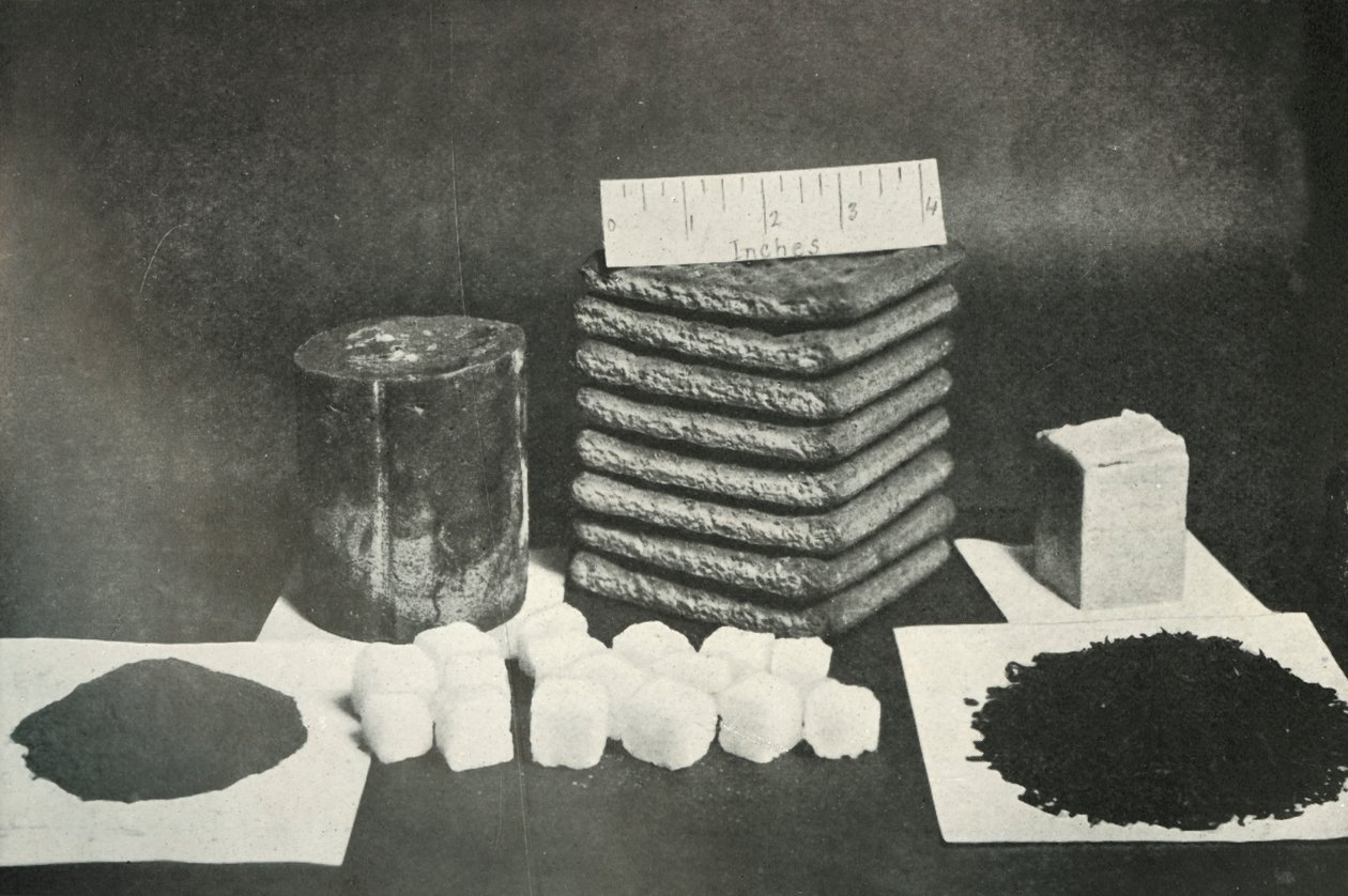 The Polar Partys Sledging Ration Pemmican, kjeks, smør, kakao, sukker og te, 1911, 1913 av Herbert Ponting