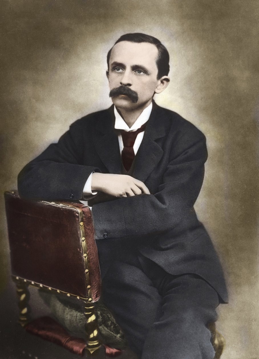Portrett av J.M.Barrie fotografert av Barraud i 1893 - James Matthew Barrie (1860-1937), skotsk forfatter, skaper av Peter Pan - Farget fotografi. av Herbert Rose Barraud