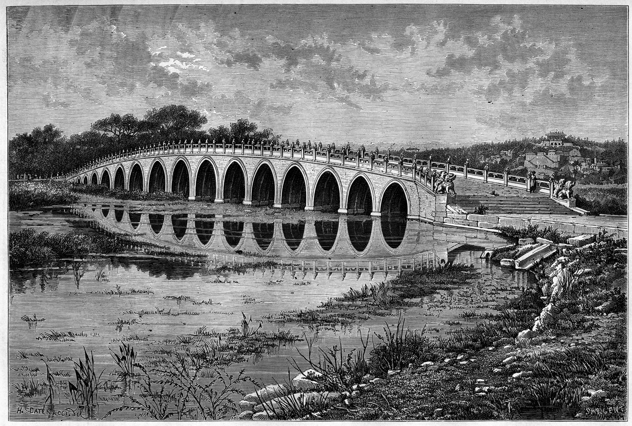 Bro med 17 buer ved Kunming-sjøen ved Ete-palasset nær Pekin på 1800-tallet. Gravering etter en tegning av Catenacci, etter et fotografi av Thomson, i "" Le Tour du Monde, Nouveau journal des Voyages", redigert av Edouard Charton, Paris av Hercule (after) Catenacci