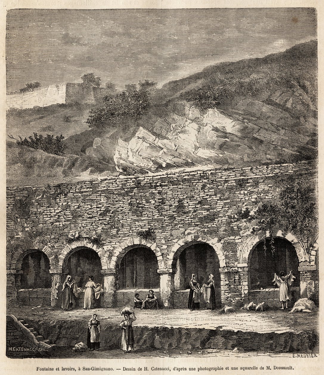 Kvinner ved fontenen og vaskeanlegget i San Gimignano (Toscana, Italia). Gravering etter H.Catenaccis tegning, for å illustrere reisen til Toscana og Umbria, av Francis Wey, i 1875, publisert i “” Le tour du monde””” 1876, redigert av Edouard Cha av Hercule (after) Catenacci