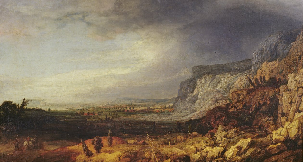 Landskap, ca. 1620-30 (olje på lerret lagt ned på panel) av Hercules Seghers