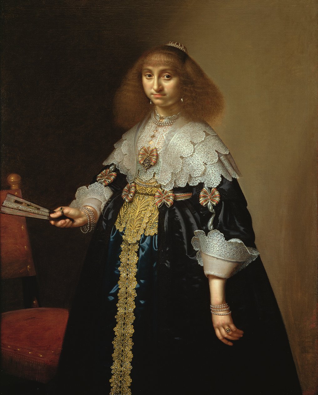 Portrett av en dame i et forseggjort brodert kostyme, 1640 av Hercules Sanders